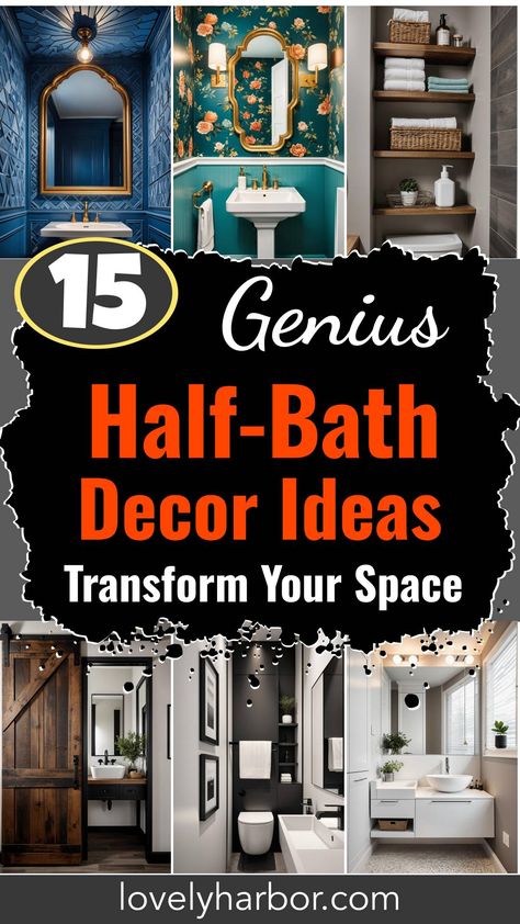 15 Genius Half Bathroom Decor Ideas Half Bath Ideas Modern, Whimsical Half Bathroom, Decorating Small Powder Bathroom, Half Bathroom Lighting Ideas, Bathroom Half Tile Wall, Two Tone Walls Bathroom, Art Deco Half Bath, Small Half Bathroom Ideas No Window, Beachy Half Bath