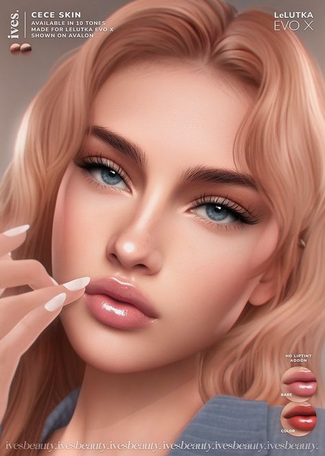 💕 "CECE" SKIN ． Made for LeLUTKA Evo X (Shown on Avalon) ． 10 skintones compatible w/ VELOUR body skins 💕 INCLUDED FOR EACH TONE: ． Skin (w/ built-in neckblends) & Ears as BoM Layers ． HD Applier Lipglosses in 3 tones / 4 colors each ． Brows: Brown, Black & No Brows ． Shapes for Head & Brows 　 ✧ 　 ☁️ IG @ IVESBEAUTY.SL ☁️ MAIN: /IVES/113/142/208 Sims 4 Cc Body Shading, The Sims 4 Cc Alpha Skin Details, Alpha Sims 4 Cc Skin Details, Pale Skin Sims 4 Cc, Sims 4 Cc Albino Skin, Skin Tone Sims 4 Cc, Skin Tones Sims 4, Sims 4 Alpha Skin Overlay, Sims 4 Cc Head Shape