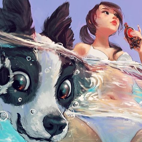 kat on Instagram: "Had this perspective idea in my head but couldn’t find any references similar to my idea so I had to use my imagination. The girl’s upper body is supposed to be above water. 😆 . . . . . #perspective #water #ocean #waterpainting #speedpaint #painting #dog #bordercollie #canine #stylizedart #artistsofinstagram #digitalart #digitalpainting #quickart #illustration #underwater" Upper Perspective Reference, Head Under Water Drawing, Perspective From Above Reference, Above Perspective Pose, Illustration Underwater, Water Drawing, Water Ocean, My Idea, My Imagination