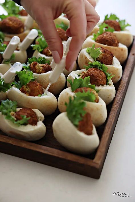 Falafel Bites with Techina Pipettes - Between Carpools Falafel Bites Appetizers, Mini Falafel Appetizer, Falafel Appetizer, Mini Falafel, Cone Appetizer Ideas, Stick Food, Small Bites Ideas, Pipettes Appetizers, Filling Finger Foods