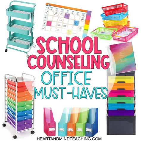 I like to organize my organizational tools into one organized list. Ha! Okay, so I am a little crazy about organization but I swear it helps reduce my stress. When I organize my office and/or desk I immediately feel better…like Hey I can do these 3,000 tasks now that everything is neat and orderly…😜 From Teacher carts, to post-it organizers, to hanging wall organizers, these are the items I consider must-have for a counseling office. School Counseling Room Ideas, Books For School Counselors, School Counseling Must Haves, Counseling Office Must Haves, Elementary Social Work Office, School Counselor Desk, Elementary Counseling Office, Elementary School Counselor Office Decorating Ideas, Small Counseling Office Ideas