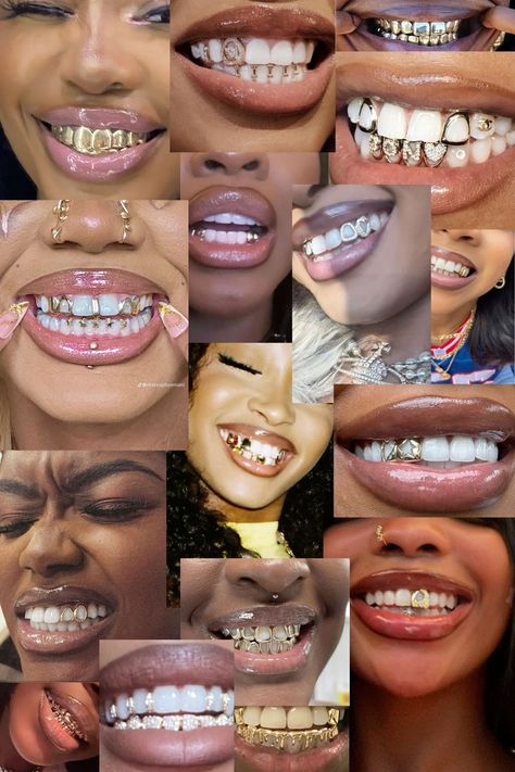 Aesthetic Teeth Gems, Golds On Black Women Teeth, Grills For Gap Teeth, Grillz Bottom Teeth, Grillz Inspo Women, Feminine Grill, Women’s Grills, Grills On Black Women, Bottom Grills For Black Women