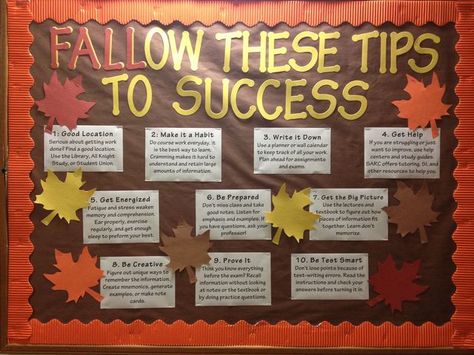 FALLow these Tips to Success Bulletin Board! Fall academic bulletin board Academic Bulletin Boards, Dorm Bulletin Boards, Res Life Bulletin Boards, Ra Inspiration, Resident Assistant Bulletin Boards, October Bulletin Boards, November Bulletin Boards, College Bulletin Boards, Thanksgiving Bulletin Boards