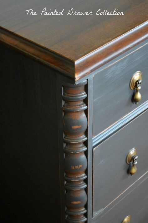 Dresser Painted Black, Black Painted Dresser, Black Chalk Paint Furniture, Dark Wood Bedroom Furniture, Cherry Bedroom Furniture, Chair Painting, Glazing Furniture, Black Painted Furniture, Dresser Painted