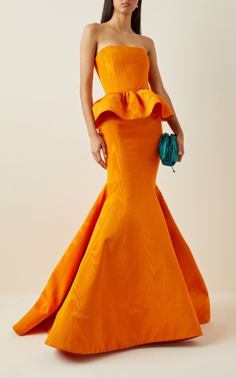 Powerful Women Fashion, Haute Couture Outfits, Orange Gown, Dinner Gowns, Peplum Gown, Chic Evening Dress, Designer Evening Dresses, Guest Attire, Wedding Attire Guest