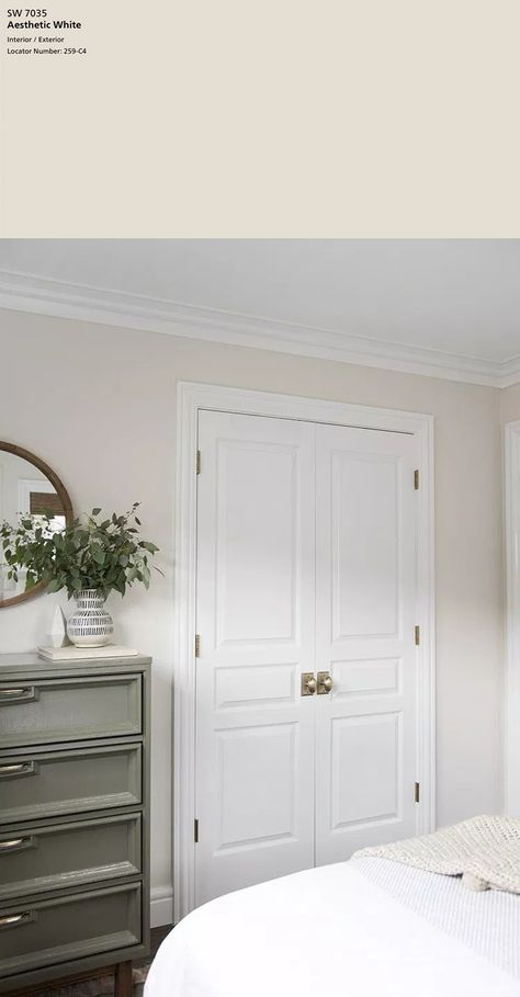 Sherwin-Williams Aesthetic White SW 7035 | 10 best Sherwin-Williams White Paint Colors Off White Paint Colors, Renovation Bedroom, Warm Neutral Paint Colors, White Interior Paint, Origami White, White Wall Paint, Sherwin Williams White, Bedroom Reveal, Best White Paint