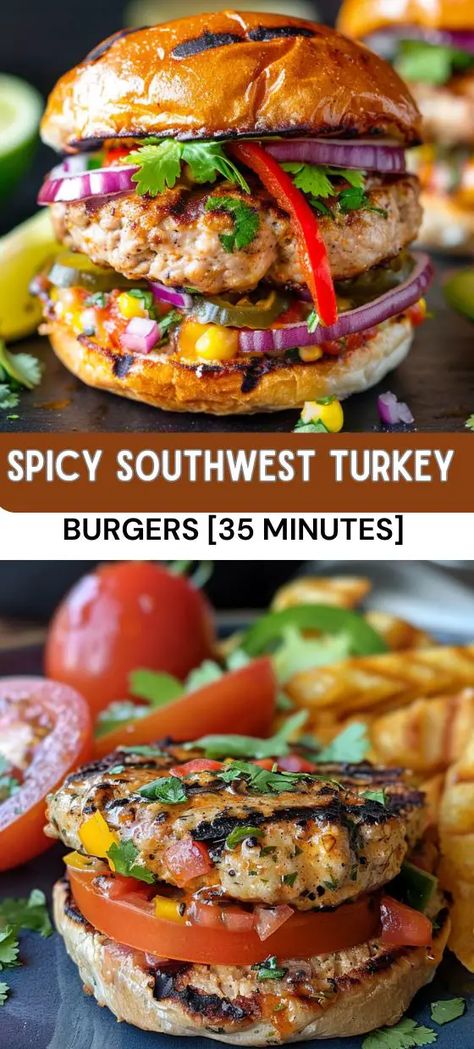 Spicy Southwest Turkey Burgers Spicy Turkey Burgers, Turkey Burger Recipes Healthy, Southwest Burger, Spicy Turkey, Juicy Turkey, Turkey Burger Recipes, Grilled Turkey, Lunch Appetizers, Turkey Burger