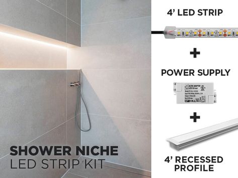 Tile Installation Patterns, Bathroom Niche, Shower Lighting, Led Recessed Lighting, Shower Niche, Led Stripes, Lighting Design Interior, Led Strip Lighting, Recessed Lighting