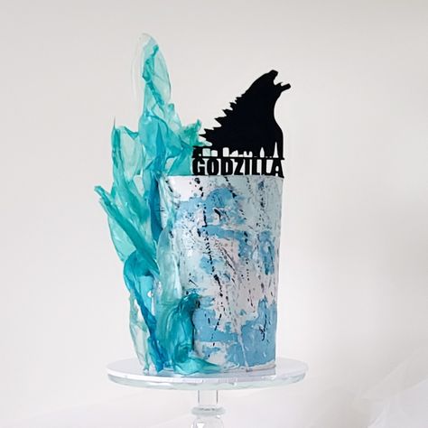 Godzilla Birthday Cake Ideas, Godzilla Cake Ideas, Blue And Black Cake, Cake With Rice Paper Sails, Godzilla Birthday Cake, Cake With Rice Paper, Rice Paper Sails, Godzilla Cake, Godzilla Party