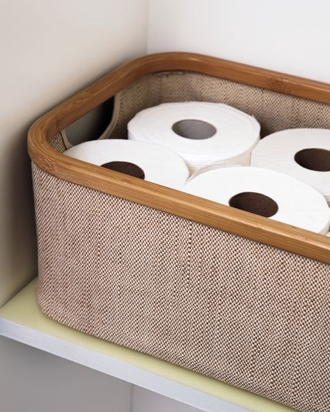 Smart Space-Saving Bathroom Storage Ideas | If you regularly have visitors, keeping an organized guest bathroom is an easy way to make sure your loved ones feel welcome and at home. Keep bins with the necessary sanitary and cleaning supplies so you're always ready for company.  #organization #bathroomorganization #storageideas #smallspacestorage #marthastewart Storage Ideas For Small Bathrooms, Best Storage Ideas, Easy Bathroom Organization, Ideas For Small Bathrooms, Wooden Folding Chairs, Space Saving Bathroom, Narrow Shelves, Bathroom Cleaning Supplies, Jute Basket