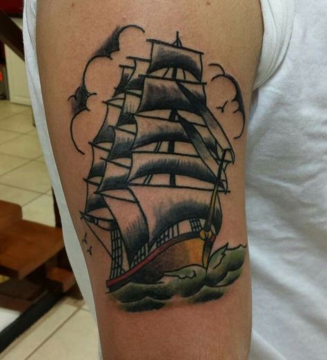 Ship tattoo by Camron Austin Tattoo Ship, Traditional Ship Tattoo, Pirate Ship Tattoo, Americana Tattoo, Boat Tattoo, Sailor Tattoos, Sailor Jerry Tattoos, Tattoo Old School, Nautical Tattoo