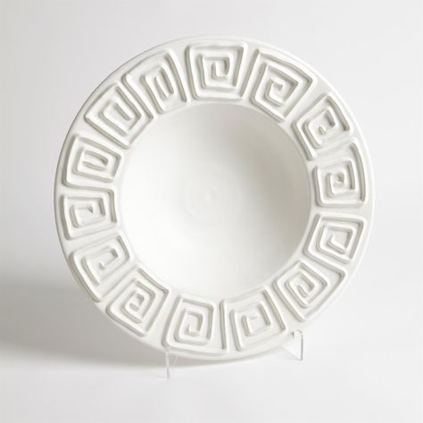 Greek key detailing surrounds the outer edge of our Greek Key Bowl, handcrafted from Italian ceramic. Available in both matte white and iridescent bronze finishes. Ceramic Dishware, Greek Garden, Greek Cookies, Key Bowl, Art Studio Space, Clay Plates, Clay Stamps, Greek Design, Bowl Ceramic