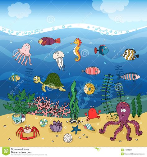 Underwater ocean life under the waves. Illustration about coral, molluscs, seahorse, maritime, aquatic, seabed, flow, colorful, bubbles, algae, fish, ecology, habitat - 41011617 Draw Underwater, Drawing Underwater, Under The Sea Drawings, Underwater Ecosystem, Drawing Ocean, Underwater Scenery, Underwater Drawing, Ocean Mural, Life Underwater