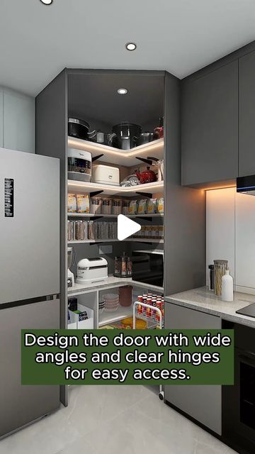 3 Concepts Pte Ltd. 🇸🇬 on Instagram: "🔪 YOU'VE BEEN CHOPPING VEGETABLES ON YOUR LAP LONG ENOUGH! 🍳

Is your kitchen so cramped you can barely flip an egg without elbowing the toaster? Time to turn that culinary claustrophobia into a chef's paradise! 🏆

Picture this: Diamond-shaped cabinets that make your corners work overtime. 💎 No more excavating through a kitchenware jungle – everything has its perfect perch. Your rarely-used fondue set? Tucked away up top. That fancy olive oil? Right at eye level, baby!

But we're just getting started! 🚀 Imagine a countertop that wraps around the corner like a hug, complete with sneaky power outlets. It's the VIP lounge for your air fryer and that bread maker you swear you'll use... someday.

Down below? Cabinet Tetris champions! 🏆 We're talking Kitchens With Angled Walls, Small Kitchen Ideas L Shaped, Corner Countertop Ideas, Kitchen Overhead Cabinets, Kitchen Without Top Cabinets, Corner Cabinets Kitchen, Glass Corner Cabinet, Corner Kitchen Cabinets, Kitchen Corner Cabinet