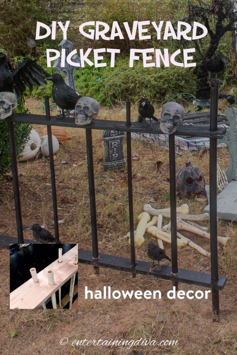 I love this DIY Halloween cemetery picket fence. It's cheap and easy to make, and it looks spooky around my Halloween graveyard. Great outdoor Halloween decor! #entertainingdiva #halloweencemetery #yardhaunt #diyhalloween #halloween Diy Halloween Graveyard Fence, Diy Graveyard Fence, Diy Halloween Cemetery, Halloween Fence, Halloween Cemetery, Halloween Outdoor Decoration, Outdoor Halloween Decor, Yard Haunt, Halloween Graveyard