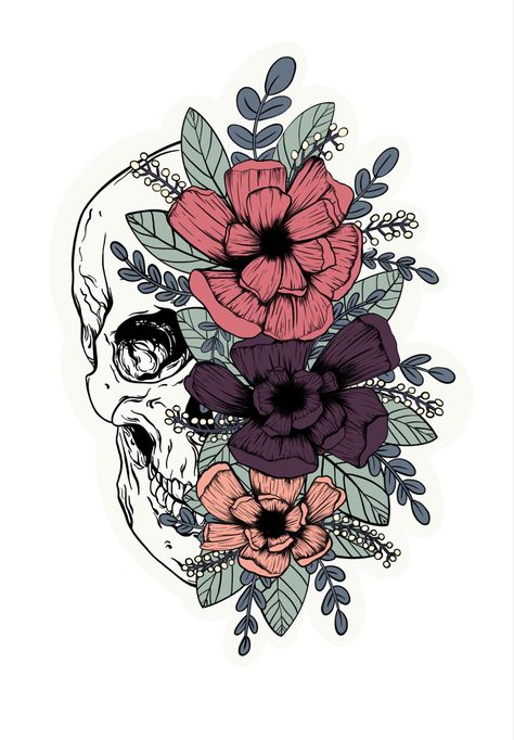 Skulls And Flowers Aesthetic, Skelton And Flowers Drawing, Skeleton With Flowers Painting, Floral Skull Aesthetic, Skull Flower Illustration, Flower Skeleton, Wrist Tattoo Designs, Beautiful Tattoo, Gothic Tattoo