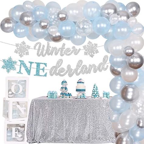 1st Birthday Boy Decorations, Winter Onederland Party Decorations, 1st Birthday Decorations Boy, Winter Onederland Cake, Winter Party Themes, Boys Birthday Party Decorations, 1st Birthday Balloons, Winter Paper, Boy Birthday Decorations