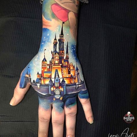 Disney Castle Tattoo, Disney Sleeve Tattoos, Disney Sleeve, Castle Tattoo, Knuckle Tattoos, Hand Tattoos For Women, World Tattoo, Cinderella Castle, Disney Castle