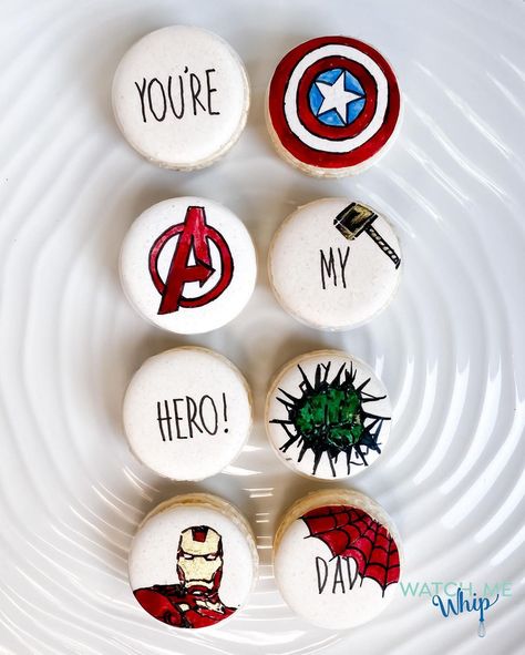 Watch Me Whip on Instagram: “Which do we like better? Marvel or Star Wars Father’s Day macarons? 😁 #watchmewhipsa #handpainted #macarons #marvel #starwars #avengers…” Fathers Day Macarons, Painted Macarons, Cookie Designs, Macaroons, Diy For Kids, Macarons, Food Art, Avengers, Fathers Day