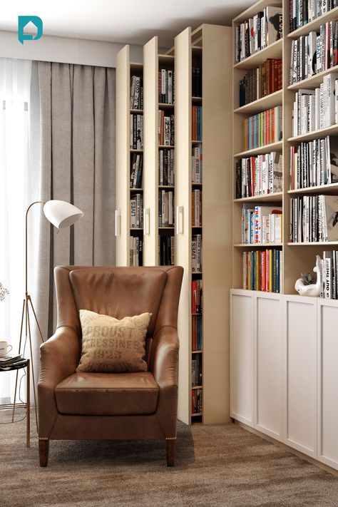 Bookshelf design ideas for home. Bookshelf Design Minimalist, Small Library Room, Hidden Door Design, Home Library Design Ideas, Space Saving Apartment, Door Design Ideas, Home Library Rooms, Cool Bookshelves, Home Library Design