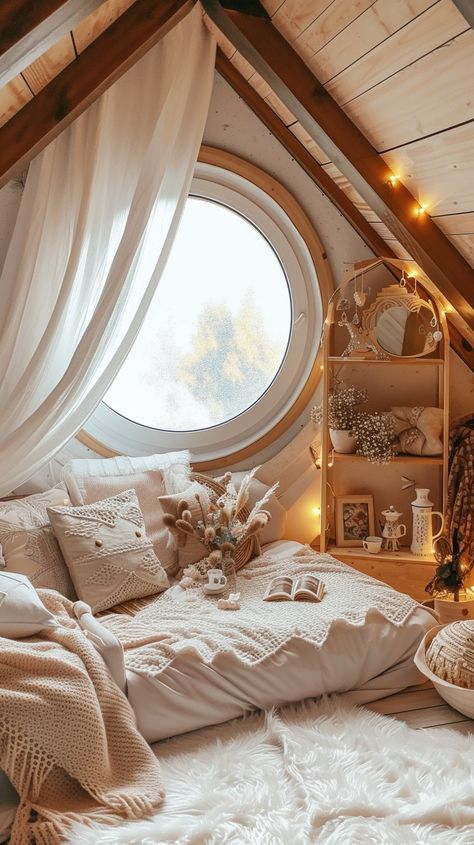 Cozy Attic Nook Comfy Attic Room, Attic Sleepover Room, Cozy Attic Spaces, Cottage Interiors Cozy, Attic Retreat, Attic Reading Nook, Meditation And Yoga Room, Cozy Window Nook, Attic Design Ideas