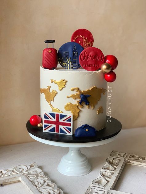 Travel cake - London cake - red cake Uk Cake Ideas, Uk Cake Design, London Themed Cake, Travel Themed Birthday Cake, London Cake Ideas, Bon Voyage Cake Ideas, Travel Cake Ideas, Farewell Cake Designs, Farewell Cake Ideas