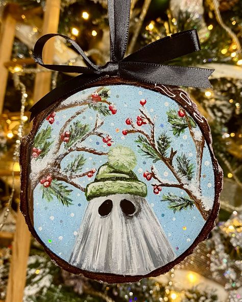 A closer look at a few of the hand-painted ornaments 🎄 ✨ #painted #ornament #ornaments #christmasdecor #christmasornaments #holiday #happyholidays #merrychristmas #ghostofchristmaspast #ghostofchristmaspresent #ghostofchristmasfuture #ghostart #ghostpainting #gothmas #creepmas #spookychristmas #handmade #woodsliceornament #handmadeornaments #gothmastree Christmas Ornament Painting Ideas, Ornament Painting Ideas, Hand Painted Wood Ornaments, Haunted Christmas, Painted Wood Ornaments, Ghost Of Christmas Present, Painting Ornaments, Winter Backdrop, Ornament Painting