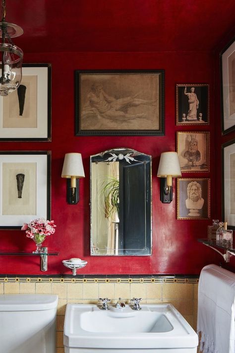 Bathroom Gallery, Bathroom Red, Bathroom Trends, Greenwich Village, Red Walls, Painted Ceiling, Small Bathroom Decor, Bathroom Art, Guest Bathroom