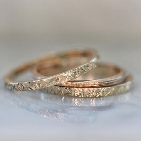 Gem Breakfast on Instagram: “Lightly textured and engraved rings, all hand made and hand applied. The perfect way to dress up your stack ✨#goldbands #weddingbands” Stacking Rings Diamond, Ring Combinations, Star Celestial, Stacking Rings Wedding, Wedding Band Engraving, Stacked Wedding Rings, Gold Wedding Jewelry, Gold Ring Stack, Deco Engagement Ring