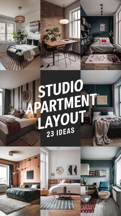 Studio apartment layout ideas in 2025 are all about creating functional, stylish spaces in small areas. If you have a tiny studio apartment, a minimalist layout with clever use of furniture will help make the most of your space. Open layouts with distinct zones for living, sleeping, and cooking are ideal. For a cozy atmosphere, use soft furnishings, natural materials, and neutral colors. Vintage touches can also work beautifully in small modern studio apartment ideas, adding a timeless charm. 2 Room Studio Apartment Ideas, Studio Apartment Modern Minimalist, Studio Designs Ideas, Long Studio Apartment Layout Floor Plans, Studio Floor Plans Layout, Small Square Studio Apartment Layout, 65 Sqm Apartment Plan, Studio Apartment Setup Ideas, Hygge Studio Apartment