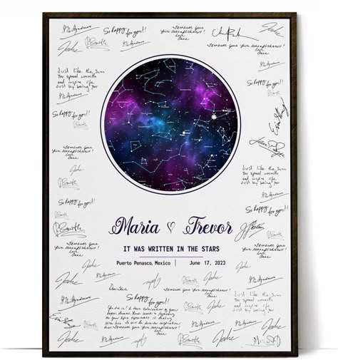 PRICES MAY VARY. UNIQUE ALTERNATIVE WEDDING GUEST BOOK IDEAS: If you want a guest book that wouldn't get hidden away in a shelf forever so this was such a perfect alternative. If you're looking for a one of a kind guestbook alternative, check out our star map wedding guestbook! It's the perfect way to remember your wedding night over and over again. We create a replica of the stars above the night of your wedding, and leave plenty of space for all of your guests to sign. ONE-OF-A-KIND PERSONALIZ Guest Book Board, Our Love Was Written In The Stars, Wedding Space Theme, Celestial Wedding Welcome Sign, Stardust Wedding Theme, Black Celestial Wedding, Galaxy Theme Wedding Decoration, Night Sky Themed Wedding, Supernatural Wedding Theme