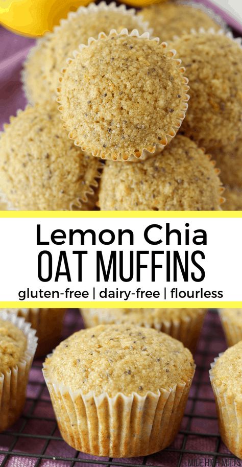 Healthy Lemon Chia Oat Muffins, that are gluten-free, dairy-free, flourless (thanks to oats!), lower in sugar (thanks to applesauce), and filled with bright lemon flavor and chia seeds throughout. With tips about baking with coconut oil, these moist muffins are an easy Spring or Summer breakfast to bake for your family. Muffin Ideas, Gluten Free Dairy Free Muffins, Dairy Free Muffins, Glutenfri Baking, Spring Breakfast, Diary Free, Oat Muffins, Summer Breakfast, Hemp Hearts