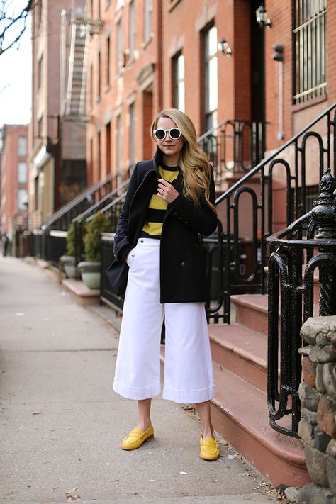 Wide leg pants with yellow loafers // Nautical style on Atlantic-Pacific Yellow Loafers Outfit, Wide Leg Dress Pants Outfit, White Pants Outfit Winter, Loafer Outfits Women, Dress Pants Outfit, Yellow Shoes Outfit, Yellow Loafers, Loafers Outfit Women, Black Loafers Outfit