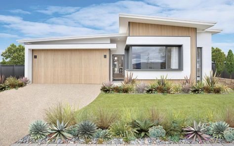 House Facades Australia, Rawson Homes, Skillion Roof, Front Garden Design, Modern Garage, Modern House Facades, House Deck, Pivot Doors, 4 Bedroom House