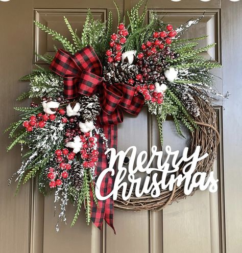 Red And Black Buffalo Plaid Christmas Wreath, Christmas Wreath With Sign, Farmhouse Christmas Wreath Ideas, Wreaths With Antlers, Winter Front Door Wreaths, Diy Large Christmas Wreath, Evergreen Wreaths For Christmas, Grapevine Wreath Ideas Christmas, Farmhouse Christmas Wreaths Diy