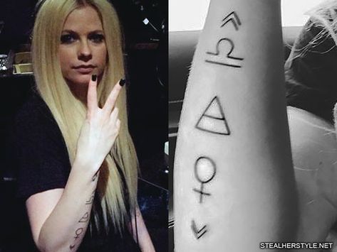 Avril Lavigne Chevron, Female Symbol, Planet Symbol, Runes, Triangle, Zodiac Sign Forearm Tattoo | Steal Her Style Avril Lavigne Now, Avril Lavigne Tattoo, Safety Pin Tattoo, Tattoo Mistakes, Husband Tattoo, Red Heart Tattoos, Architecture Sketches, Tattoos Inspiration, Note Tattoo