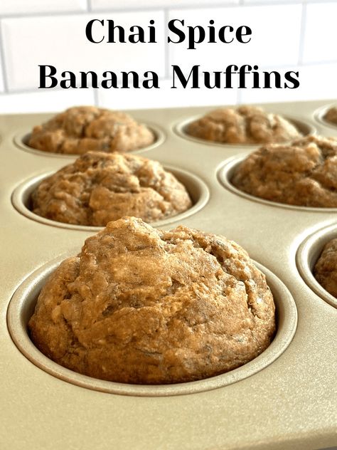 Chai Spice Banana Muffins - Chicago Jogger Chai Muffins, Banana Muffin Recipe Easy, Chai Concentrate, Chai Spice Mix, Banana Muffins Easy, Banana Flour, Banana Oat Muffins, Carrot Cake Muffins, Spice Muffins