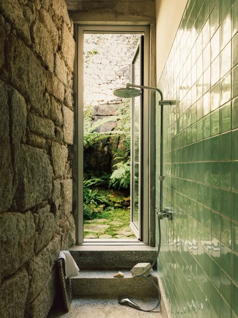 Concrete Staircase, Green Tiles, Derelict Buildings, Rustic Shower, Concrete Ceiling, Concrete Bench, Genius Loci, Mexico Hotels, Unique Houses