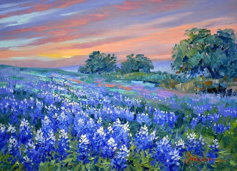 Texas Painting Ideas, Painting Bluebonnets, Texas Painting, Bluebonnets Texas, Erin Gregory, Mikki Senkarik, Texas Spring, Painting Ideas Easy, Sunrise Art