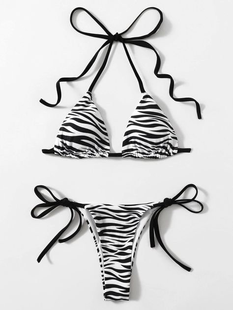 Zebra Striped Halter Triangle Tie Side Bikini Swimsuit | SHEIN USA Summer Bathing Suits, Triangle Swimsuit, Women Halter, Summer Swim Suits, Swimwear Outfit, Monokini, Swim Suit, Triangles, Women Swimsuits