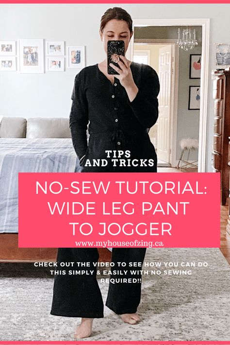 No-Sew Tutorial: Wide leg pants to joggers - My House of Zing How To Roll Wide Leg Pants, How To Roll Up Wide Leg Pants, How To Taper Wide Leg Pants, Diy Jogger Pants, Spring Athleisure, How To Make Something, Polyester Pants, Wide Jeans, Fashion Videos