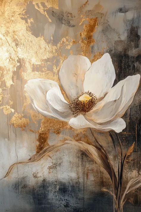 Realistic white flower painting with abstract gold and grey background. White Flower Painting, Grey Background, Gray Background, White Flower, Flower Painting, White Flowers, Drawings, Grey, Flowers