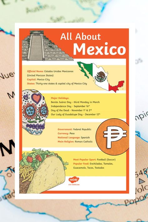 Celebrate Mexican Independence Day on September 15th or simply learn more about this neighboring country with the help of our All About Mexico Large Classroom Poster. It’s the perfect way to decorate your classroom while providing children with useful information on the topic.

This poster is easy to download, print off, and add to your bulletin board. Click the download button above to receive our 2-page PDF. These can be cut out and attached together to make the full-sized poster. Sept 15 Mexico, Mexico Presentation Board, Mexico Poster Board Project, Mexico Geography, Esl Exercises, Fun Facts About Mexico, Mexico For Kids, Mexico Project, Multicultural Night