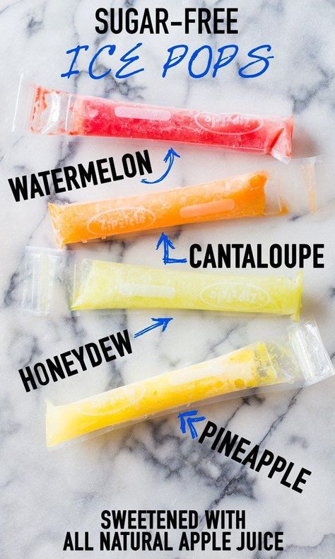 Sugar-free ice pops with vibrant colors thanks to watermelon, honeydew, cantaloupe and pineapple. Sweetened with all natural apple juice. Sugar Free Ice Pops, Fruit Ice Pops, Homemade Ice Pops, Ice Pop Recipes, Diet Dinner, Juice Ice, Recipes Baking, Frosé, Fruit Ice