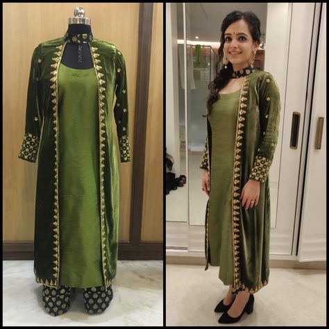 Velvet jacket with antique work on it worn in silk shirt and brocade pants. #fashion #stylish #winterfashion #velvet #silk #loveyourself Velvet With Brocade Pants, Velvet Brocade Suit, Velvet Suit With Brocade Pants, Velvet Jackets Women Indian, Velvet Kurta Designs, Velvet Outfits For Women, Velvet Salwar, Velvet Pakistani Dress, Velvet Jackets Women