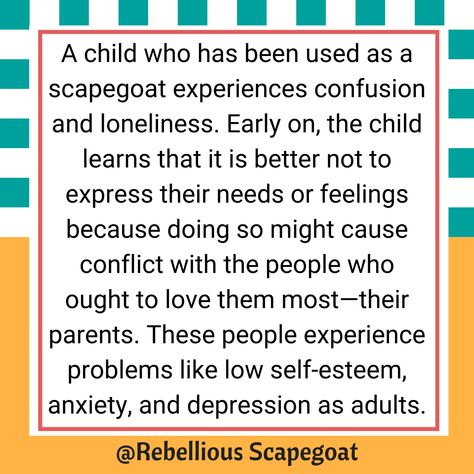 A child who has been used as a scapegoat experiences confusion and loneliness. Early on, the child learns that it is better not to express their needs or feelings because doing so might cause conflict with the people who ought to love them most-their parents. The Scapegoat Child, Scapegoat Child, Family Scapegoat, The Scapegoat, Feeling Abandoned, Toxic Family, Family Therapy, Losing A Child, Low Self Esteem