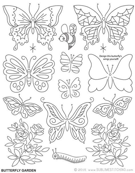 Butterfly embroidery patterns! Fluttery, lovely and light in their flight. This sheet includes a blank butterfly you can design yourself. Neato! Choose iron-on transfers with downloadable PDF + COLOR guides, or get the PDF format alone. (You will need supplies for tracing and transferring when using a PDF printout.) Each set of iron-ons appears on an 8 1/2" x 11" sheet and includes complete instructions for how to transfer the designs onto fabric. I've also included a quick embroidery how-to! Al Sublime Stitching, Vintage Embroidery Transfers, Garden Embroidery, Embroidery Lessons, Embroidery Transfers, Hand Embroidery Projects, Embroidery Patterns Vintage, Paper Embroidery, Quilling Patterns