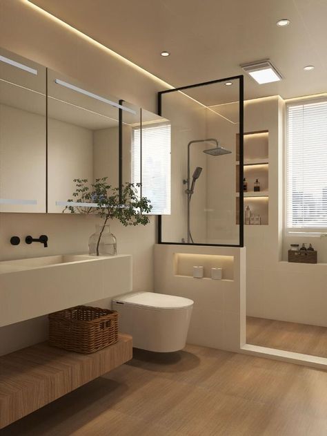 Wood Toilet Design, Bathroom Styling Ideas Decor, Modern Shower Room Design, Bathroom Microcement Wood, Functional Bathroom Design, Microcement Bathroom Design, Toilet Interior Design Modern, Small Townhouse Interior Design, Spa Theme Bathroom