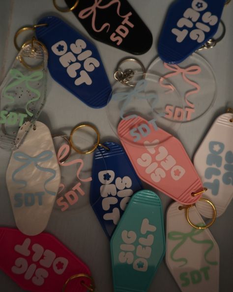 order your custom keychain today! so many color combinations are available! #smallbusiness #fau #college #pins #buttons #sorority #gameday #floridaatlantic #custommerch #custom #explore #parentswknd #explorepage #biglittle #sdt #sigdelt Sorority Pins, Big Little, Custom Keychain, Sorority, Color Combinations, Pins, Color