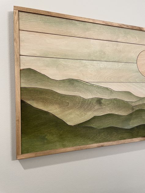 Mountain Wood Wall, Mountain Sunset Landscapes, Boho Cabin, Boho Sunset, Mountain Wood Art, Green Sunset, Mountain Wood Wall Art, Barn Wall Art, Green Wall Decor